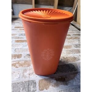 Vintage Tupperware Orange Servalier Canister 1222-5 Sunburst Lid Floral 10.5in